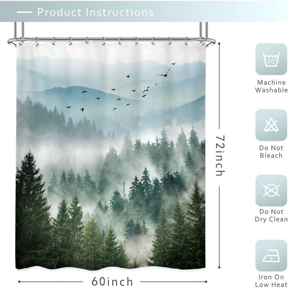 JFVKAF Mountain Scenery Shower Curtain 60x72 Nature Tree Waterproof Fabric Alpine Rustic with 12 Hooks Polyester in Green (2)