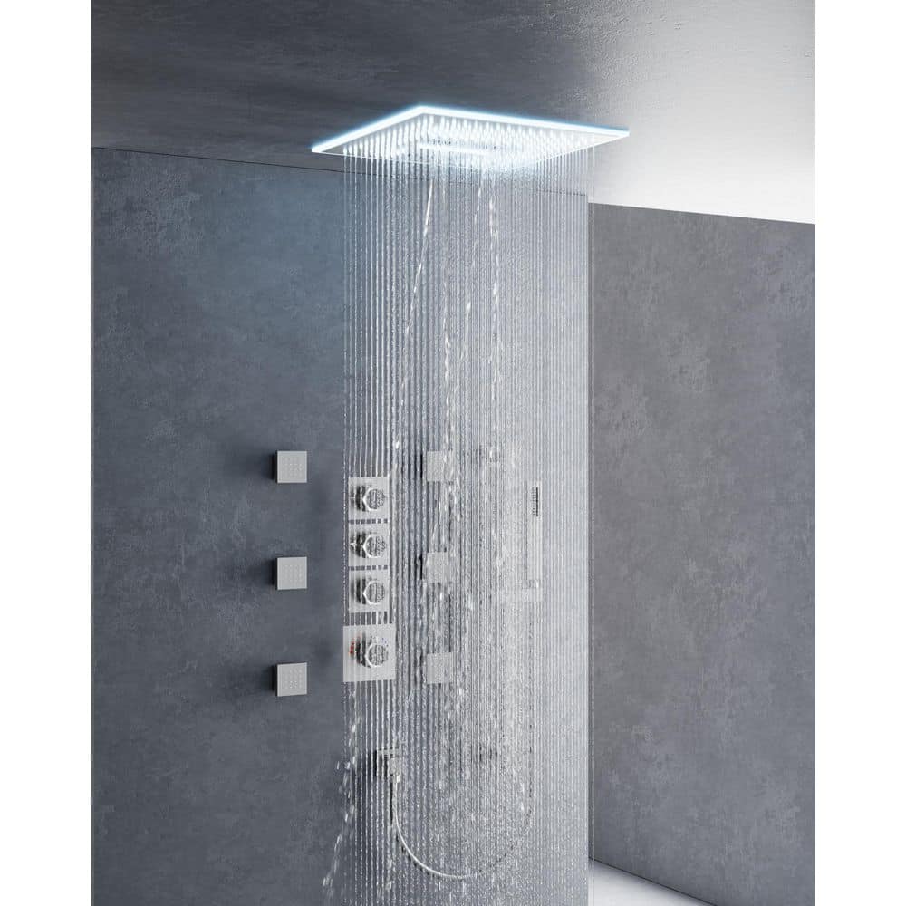 YAWWALK Thermostatic 17-Spray 16 in. Square LED Mood Lighting Bluetooth Music Shower System with Valve in Brushed Nickel (1)