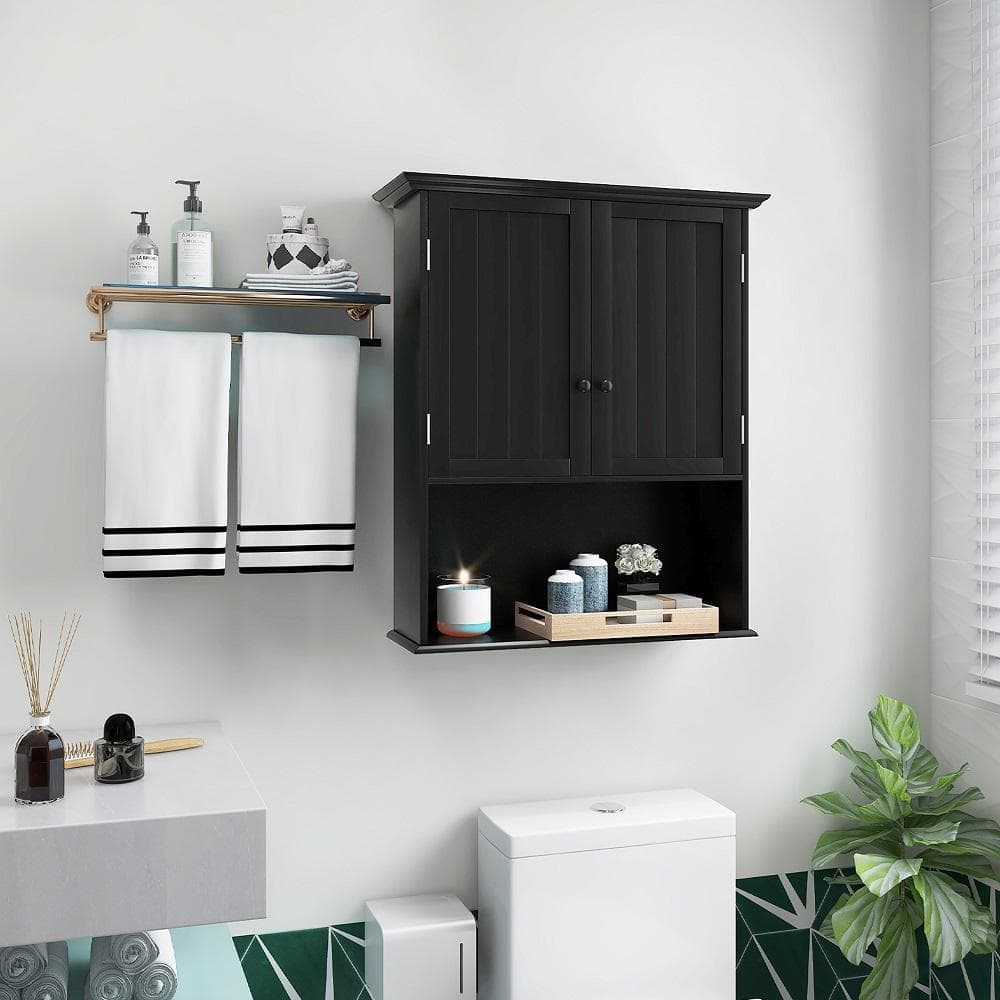 Costway 23.5 in. W x 8 in. D x 28 in. H Black Bathroom Storage Wall Cabinet Wooden Medicine Cabinet Storage Organizer