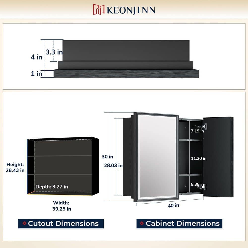 KeonJinn 40 in. W 30 in. H Metal Framed Beveled Surface Mount/Recessed Medicine Cabinet with Mirror (2)