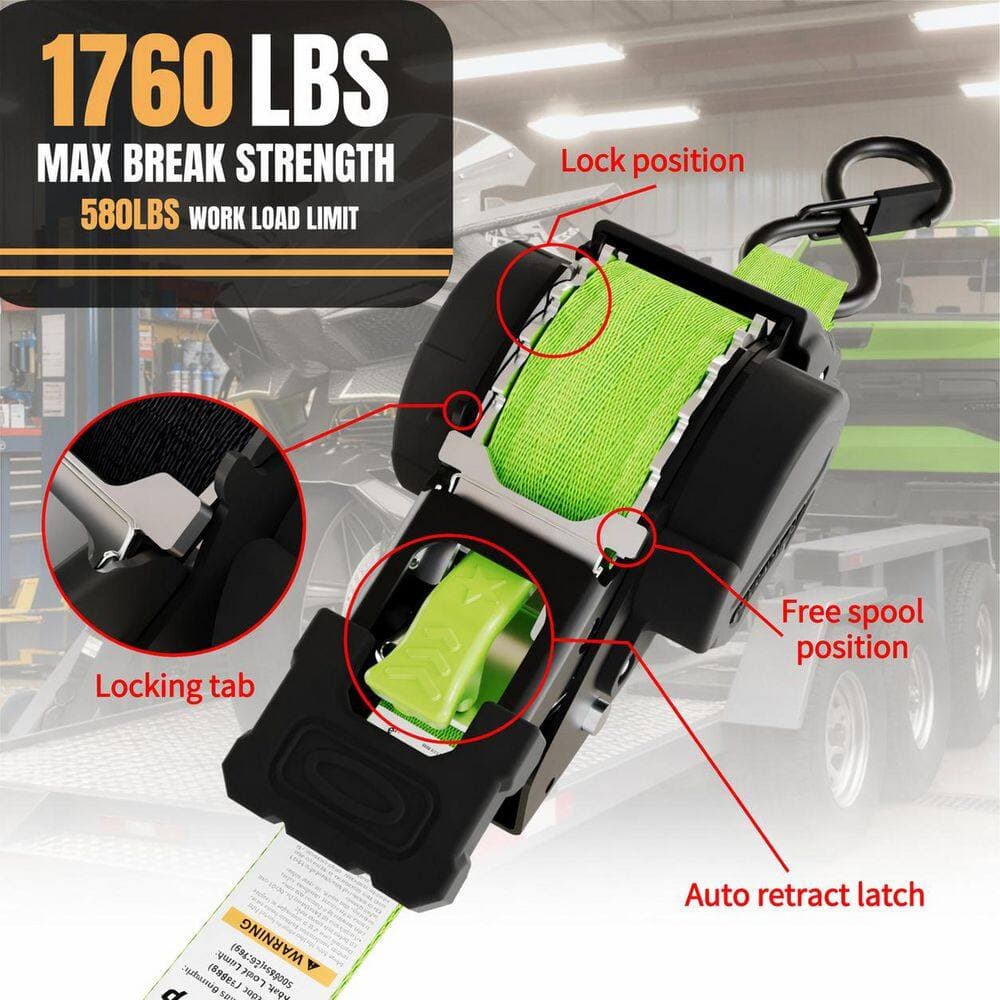 LAIFUCAM 12 ft. x 1 in. Ratchet Retractable Tie Down Straps Heavy Duty 1760 lbs. Break Strength Cargo Fastener 2-Pack (2)
