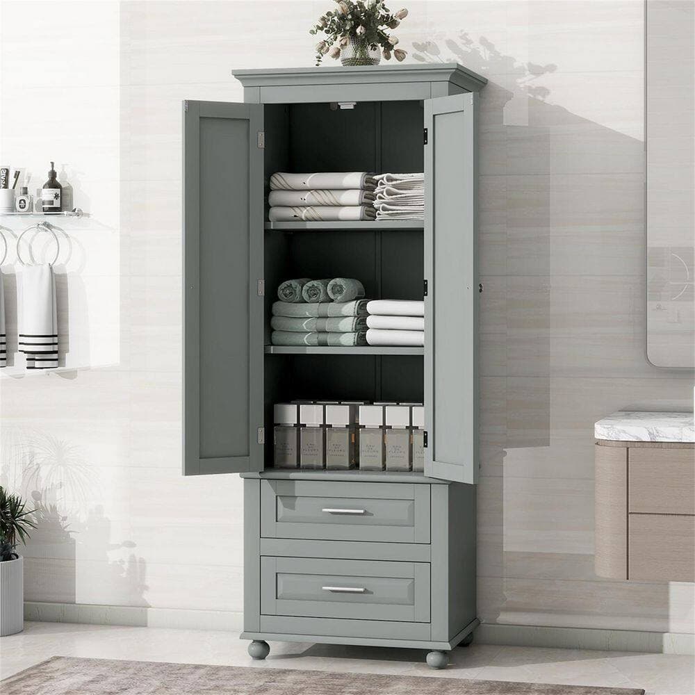Boyel Living 15.7 in. W x 24 in. D x 62.5 in. H Gray MDF Linen Cabinet with Adjustable Shelf 2 Drawers, 2 Doors (2)