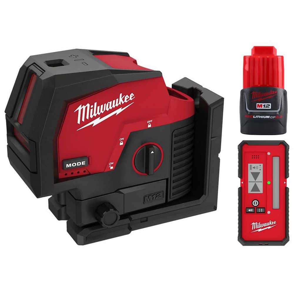 Milwaukee M12 12-Volt Lithium-Ion Cordless Green 125 ft. Cross Line & Plumb Points Laser Level w/ Detector & M12 2.0 Ah Battery (1)