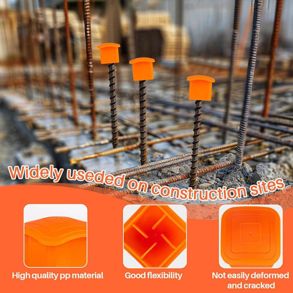 Laybus 1.4 in. x 1.7 in. x 2.3 in. Orange Rebar Caps, Safety Cover for T-Posts, Plastic End Caps Fit #3-#7 Stake Sizes (3)