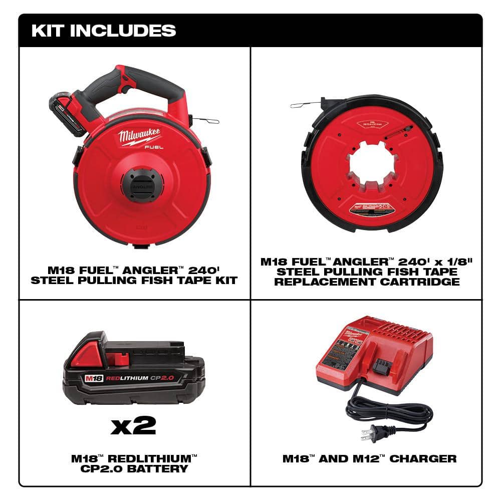 Milwaukee M18 FUEL 18V Lithium-Ion Brushless Cordless Angler 240 ft. Steel Pulling Fish Tape Kit W/ (2) 2.0Ah Batteries (2)