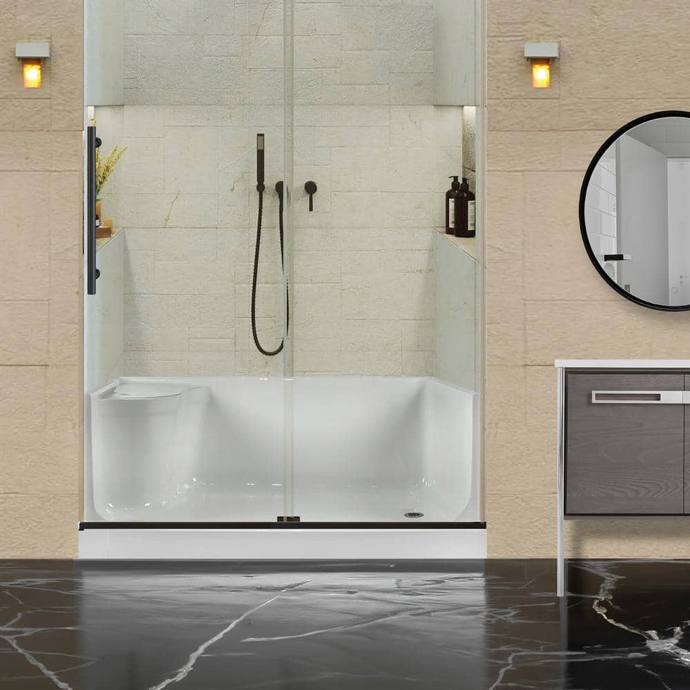 FINE FIXTURES 60 in. L 32 in. W Alcove Shower Pan Base with Seat- Hand Drain White (4)