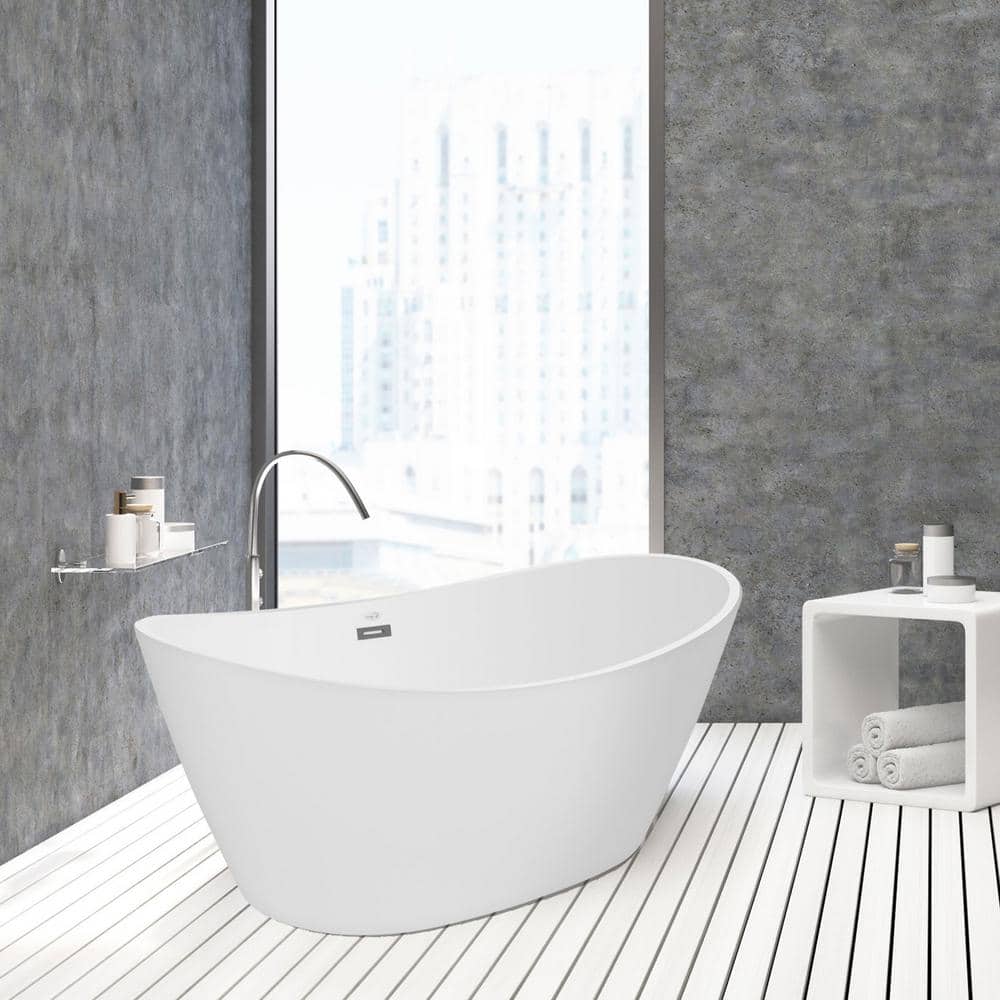 Empava 59 in. Acrylic Flatbottom Hourglass Freestanding Soaking Bathtub in White with Brushed Nickel Overflow and Drain (3)