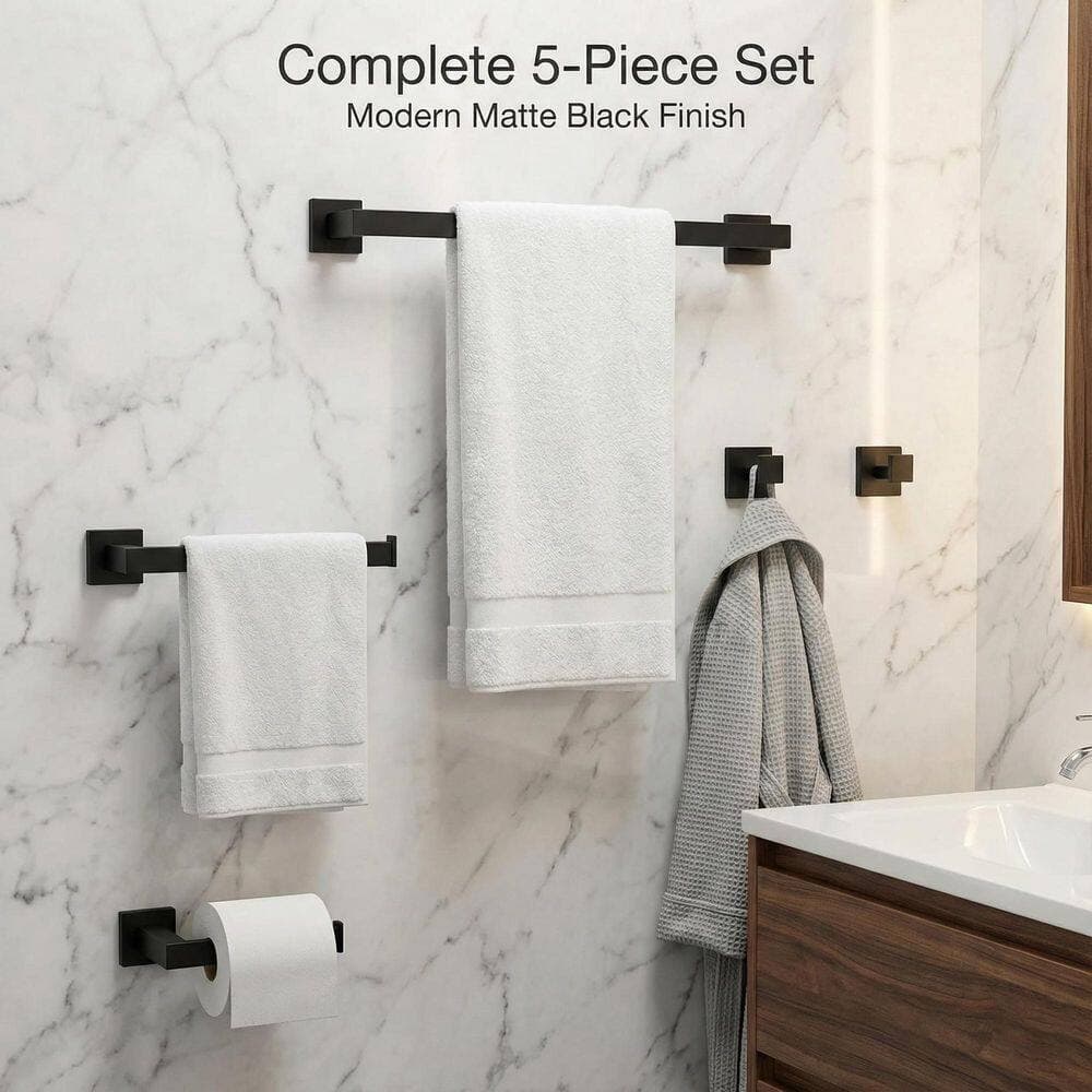 LAIFUCAM 5-Piece Bathroom Hardware Set with Towel Bar, Hand Towel Holder, Toilet Paper Holder, Robe Hooks in Matte Black (3)