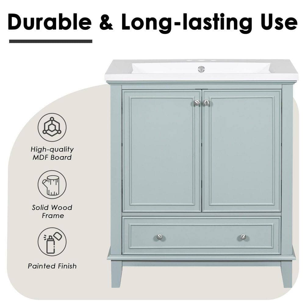 Unbranded 30 in. Freestanding Rectangular Bath Vanity Cabinet without Top in Green with Soild Wood Frame, Doors and Drawer (3)