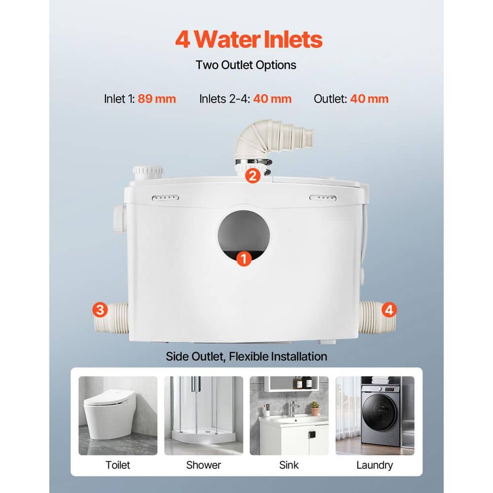 SKYSHALO Macerator Pump 1200W 48GPM Flow 33 ft. Head Macerator Sewerage Toilet Pump with 4 Water Inlets for Toilet (2)