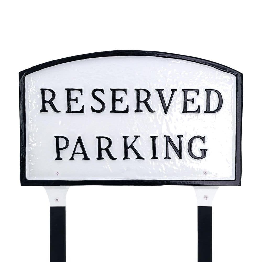 Montague Metal Products 13 in. x 21 in. Large Arch Reserved Parking Statement Plaque Sign with Lawn Stakes-White/Black (1)