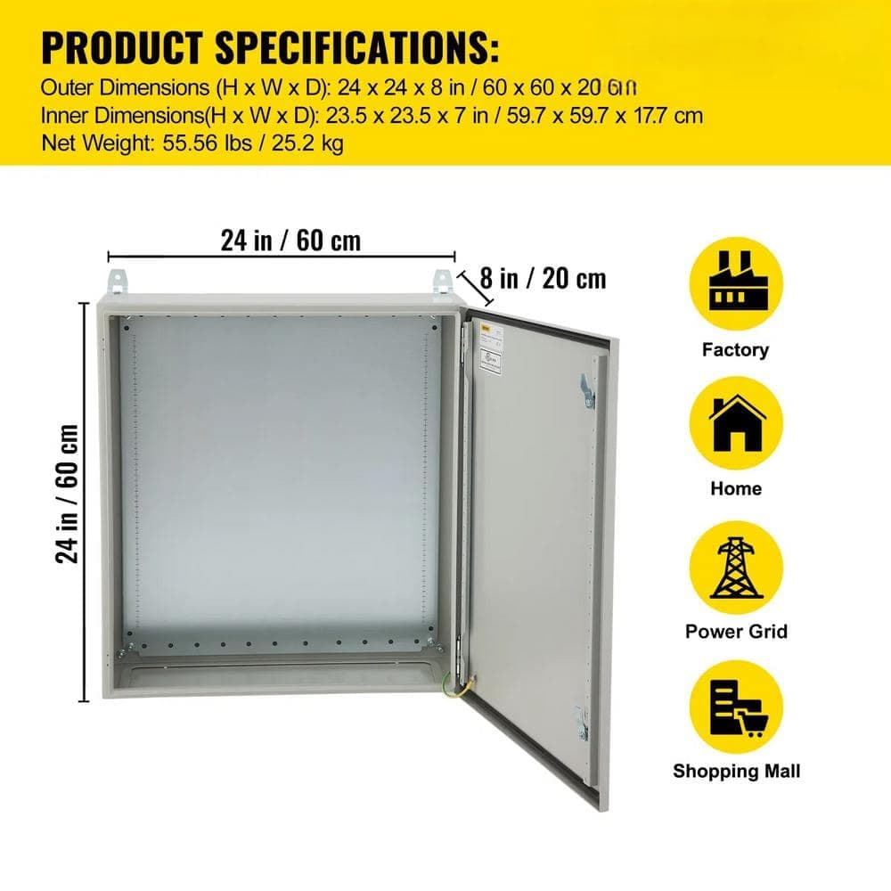 SKYSHALO Electrical Enclosure 24 in. x 24 in. x 8 in. NEMA 4 Outdoor Enclosure IP65 Waterproof Dustproof Cold-Rolled Carbon Steel (2)