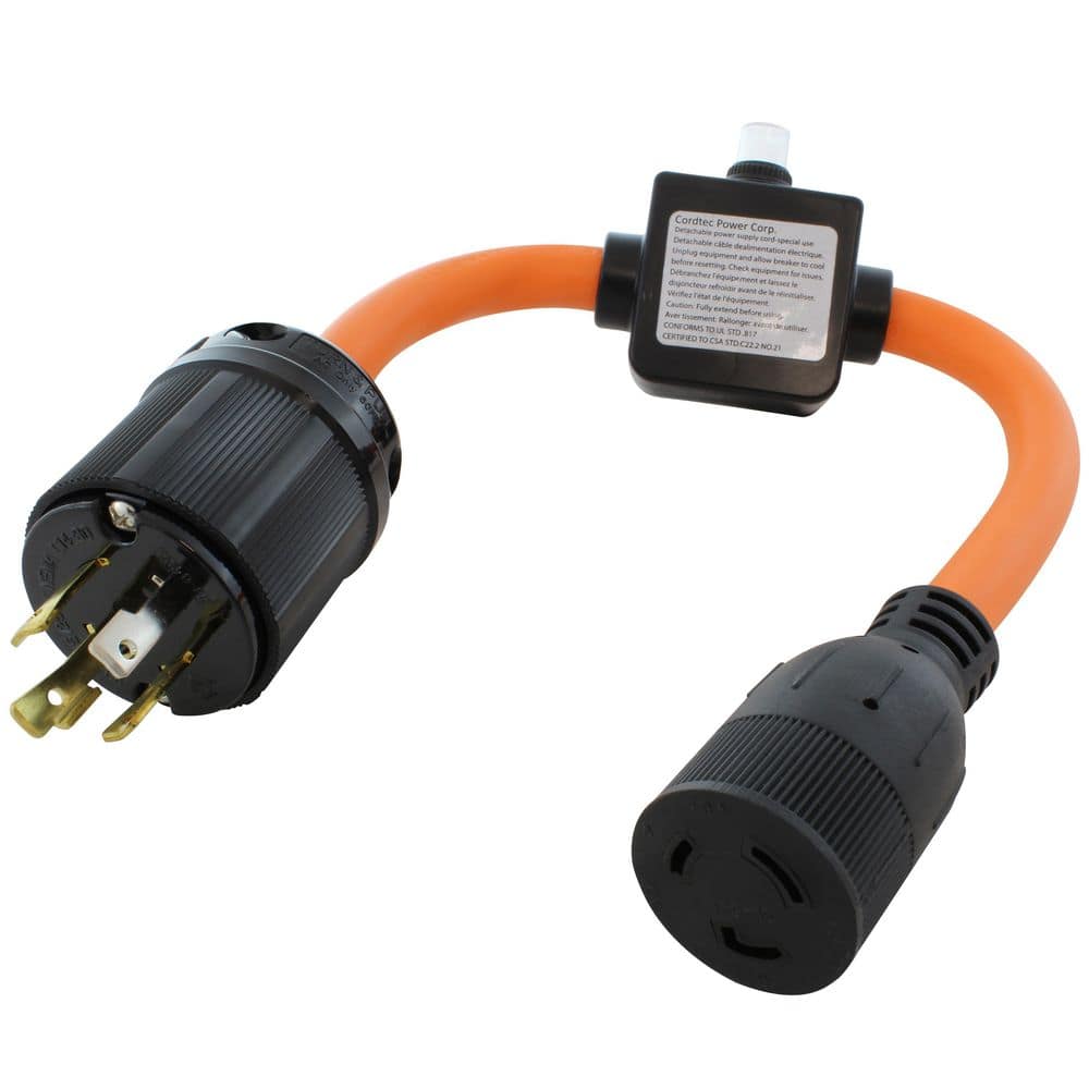 AC WORKS L14-30 Plug to L5-20 Connector with Inline 20A Breaker 1.5 ft. 10 / 3 STW Indoor/Outdoor Cord in Orange (1)