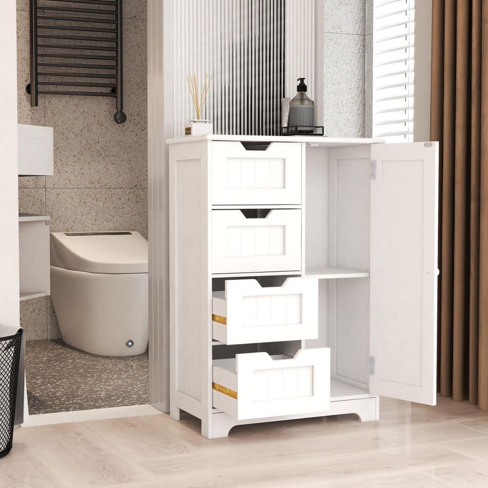 SANFANGIE CL 22.04 in. W x 11.81 in. D x 32.68 in. H White MDF Freestanding Linen Cabinet with Shelves, 4-Drawers and 1-Door (3)