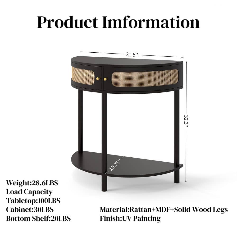 Lycvki 31.88 in. W 32.30 in. H x 15.75 in. D Wood Half Round Shelf in Blackwith Sliding Rattan Door (2)