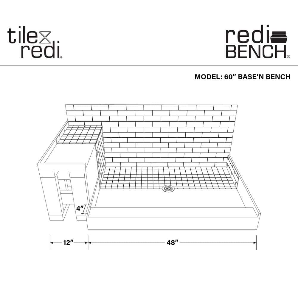 Tile Redi Base'N Bench 34 in. 60 in. Alcove Shower Base and Bench Kit with Drain and Drain Plate (3)