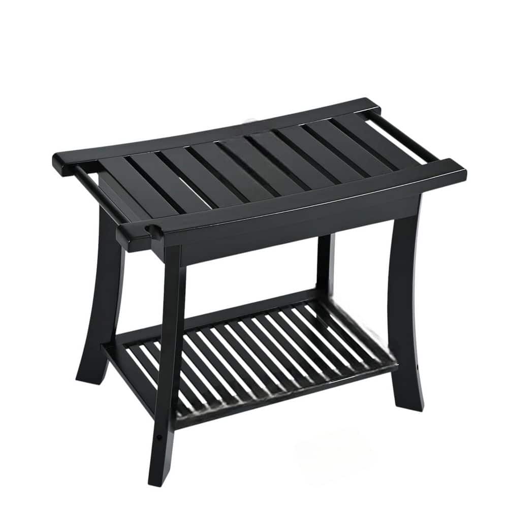 Anqtovp Bamboo Series 23.62 in. W Freestanding Storage Shelf, Waterproof, Heavy Duty Shower Bench Seat Black Finish (1)