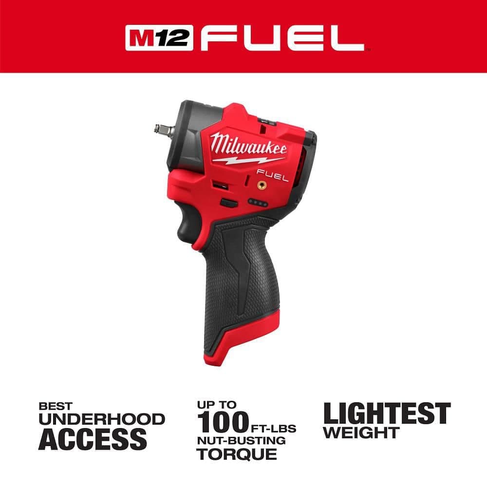 Milwaukee M12 FUEL 12V Lithium-Ion Brushless Cordless . Subcompact Impact Wrench w/ Friction Ring (2)