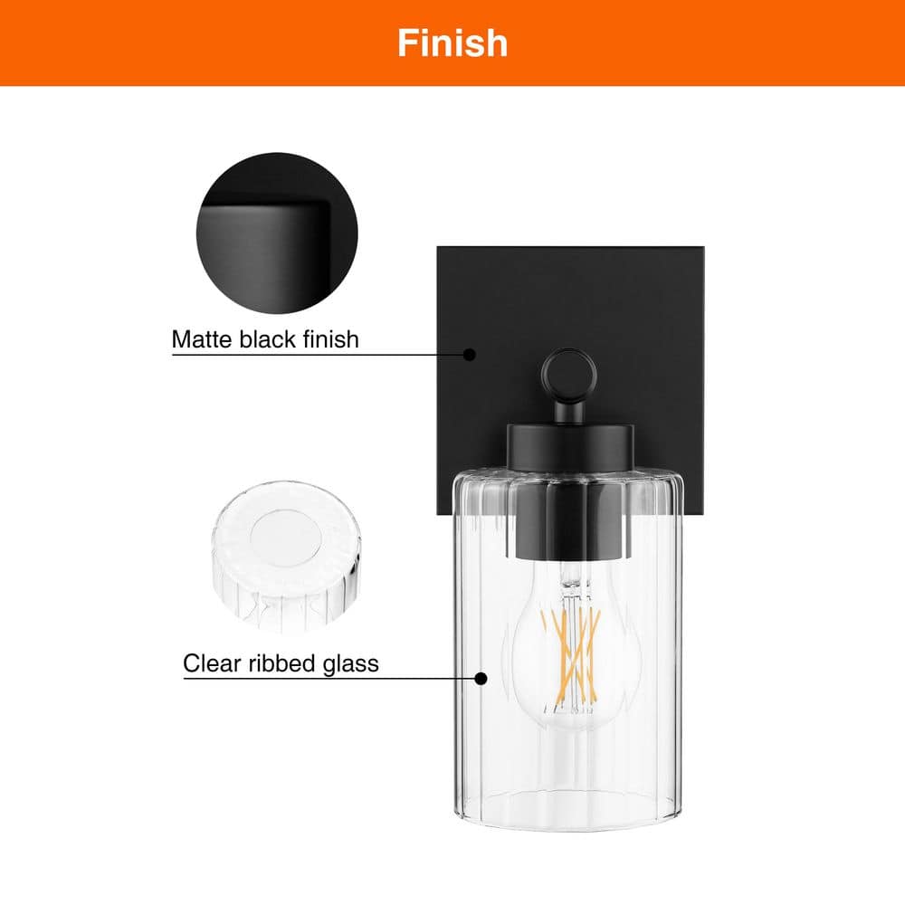 Hampton Bay Breward 5 in. 1-Light Matte Black Wall Sconce with Clear Ribbed Glass Shade (3)