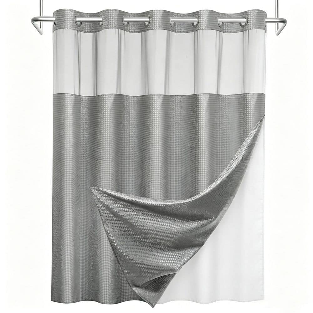Anqtovp 71 in. W x 74 in. L Fabric Shower Curtain with Removable Waterproof Snap Liner and Mesh Window in Grey (1 Piece) (1)