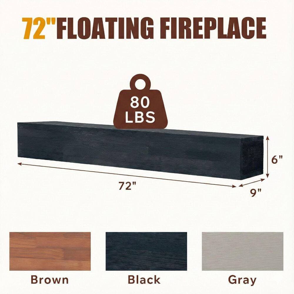 Anqtovp 9 in. W x 6 in. H x 72 in. D Wood Rectangle Shelf Wall-Mounted and Floating in Black (3)