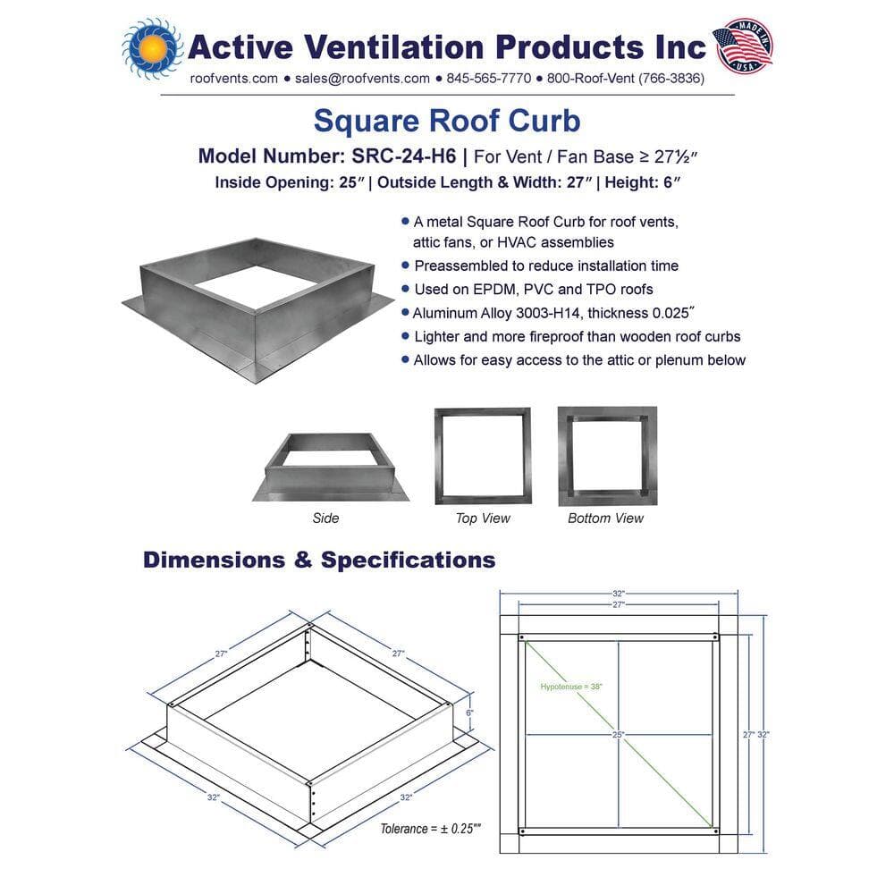 Active Ventilation Box is 27 in. Wide x 27 in. Long x 6 in. High Aluminum Roof Curb (3)