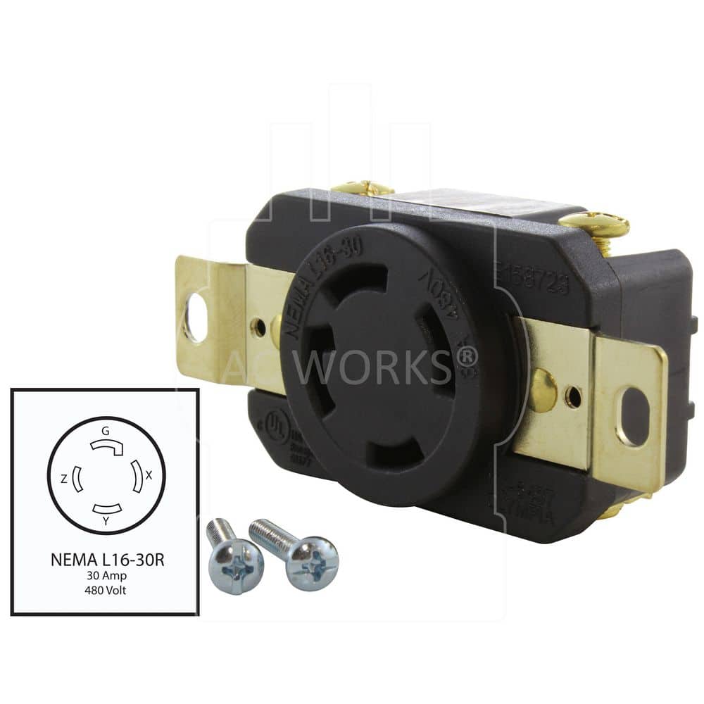 AC WORKS 30 Amp 480-Volt 3-Phase Nema L16-30R Flush Mount Locking Industrial Grade Outlet (2)