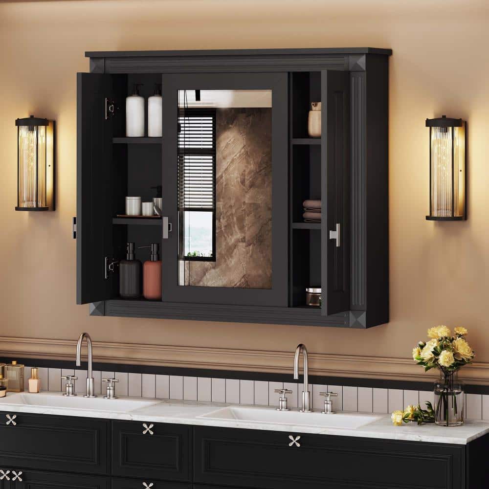 XUJMK 35 in. W x 7 in. D x 29 in. H Bathroom Storage Wall Cabinet, Medicine Cabinet with Mirror 4 Shelves Mirrored Door, Black (3)