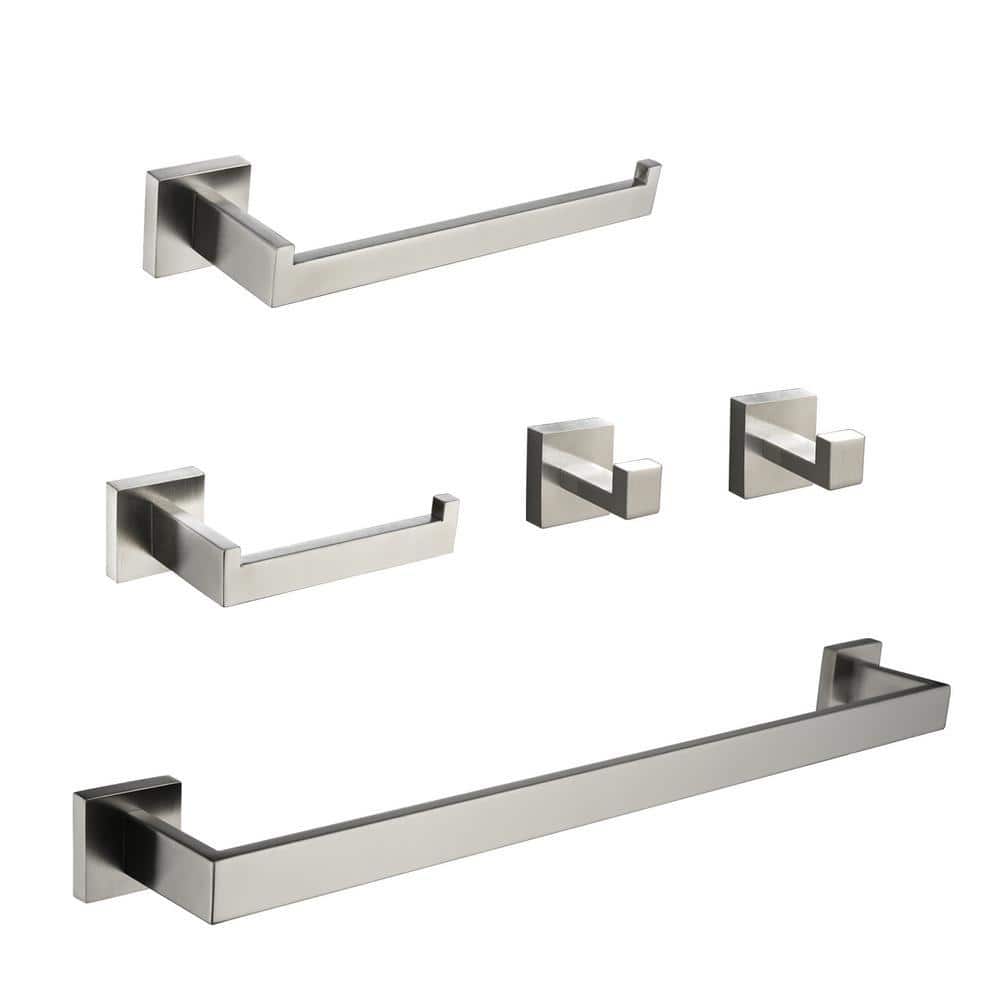 ehablix Bathroom Hardware 5-Piece Bath Hardware Set with Towel Bar, Robe Hook, Toilet Paper Holder in Brushed Nickel (1)