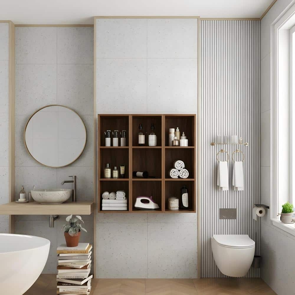 Zuvandra 35.43"W x 9.81"D x 35.44"H Plywood Bathroom Wall Cabinet Set with Open Shelves,Brown Ebony (2)