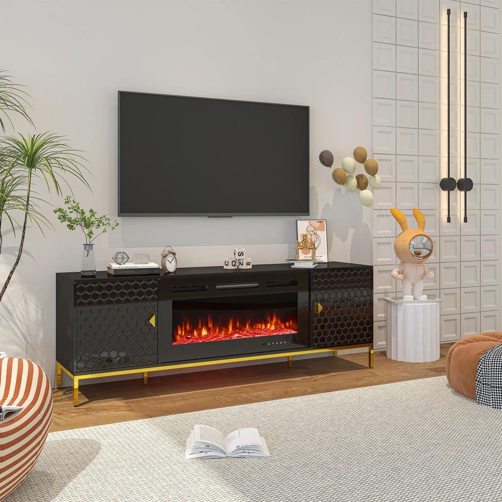 Clihome 70 in. Freestanding Wood Electric Fireplace TV Stand in Black with 36 in. Electric Fireplace Fits TVs up to 75 in.