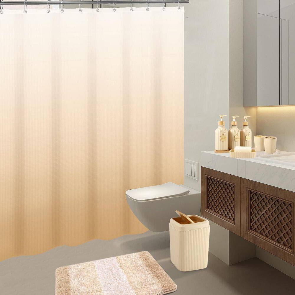 Numhew 32-Piece ABS Bathroom Sets with Shower Curtain and Rugs, Shower Curtain Set with Bathroom Trash Can, Beige (2)
