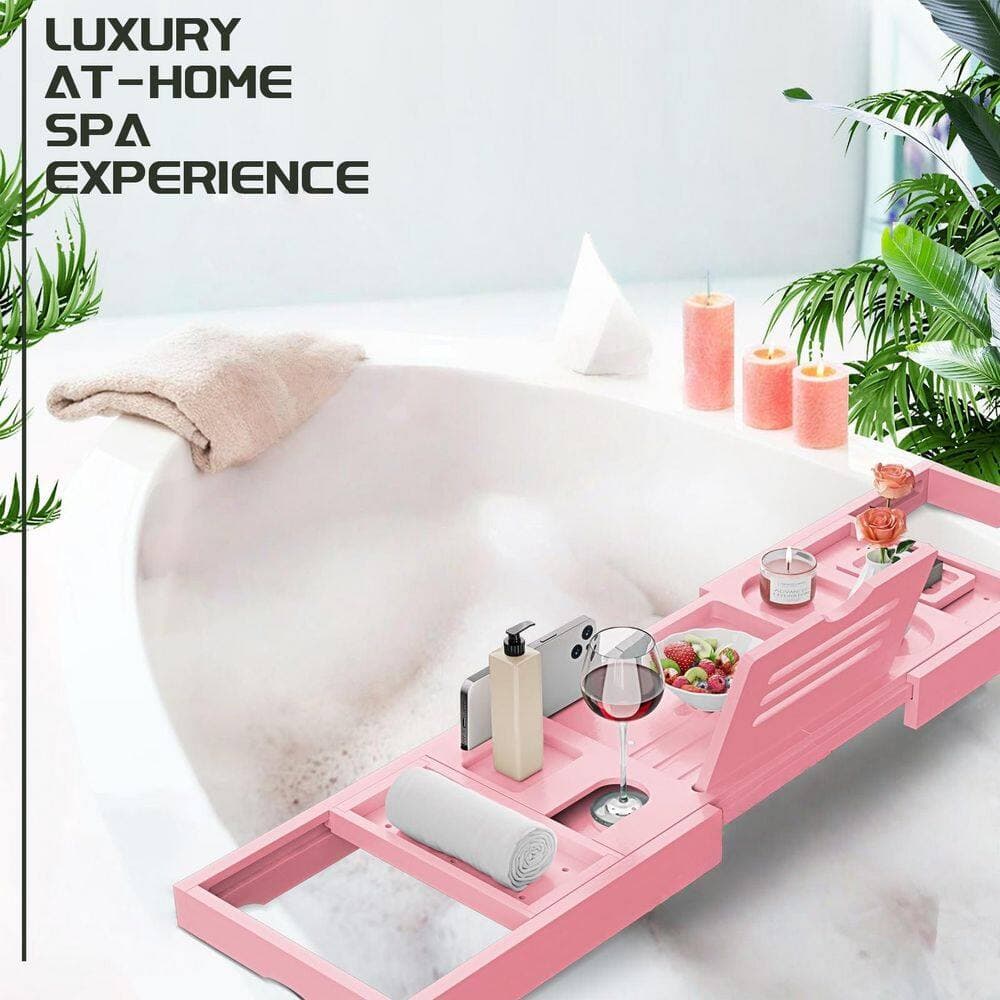 Wudkey Premium Expandable Bathtub Tray Caddy in Pink, Treated w/ High Temperature and Pressure, Expand from 28.5 in. to 41 in. (3)