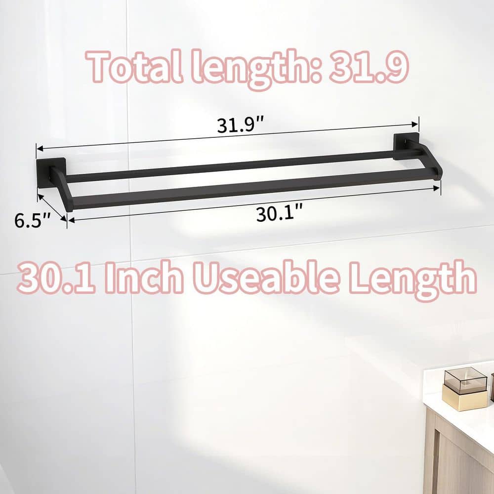 Unbranded Double Towel Bar 32 in. Matte Black Stainless Steel Heavy-Duty Wall-Mounted Bath Towel Rack Holder Rod (3)