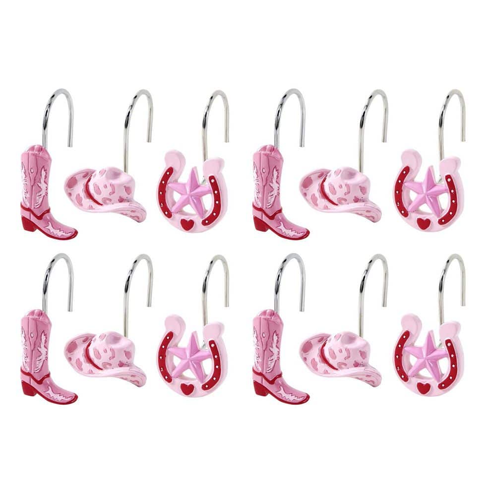 KHKFY Metal Pink Cowgirl Decorative Shower Curtain Hooks Rings with Horseshoe Cowboy Boots and Hats Design for Bathroom (3)