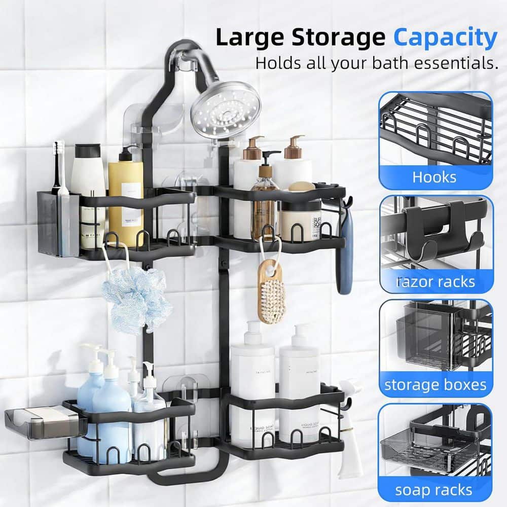 Tahanbath 2-Tier Aluminum Alloy Shower Caddy, No Drilling Over Shower Head Organizer with Hooks in Black (3)
