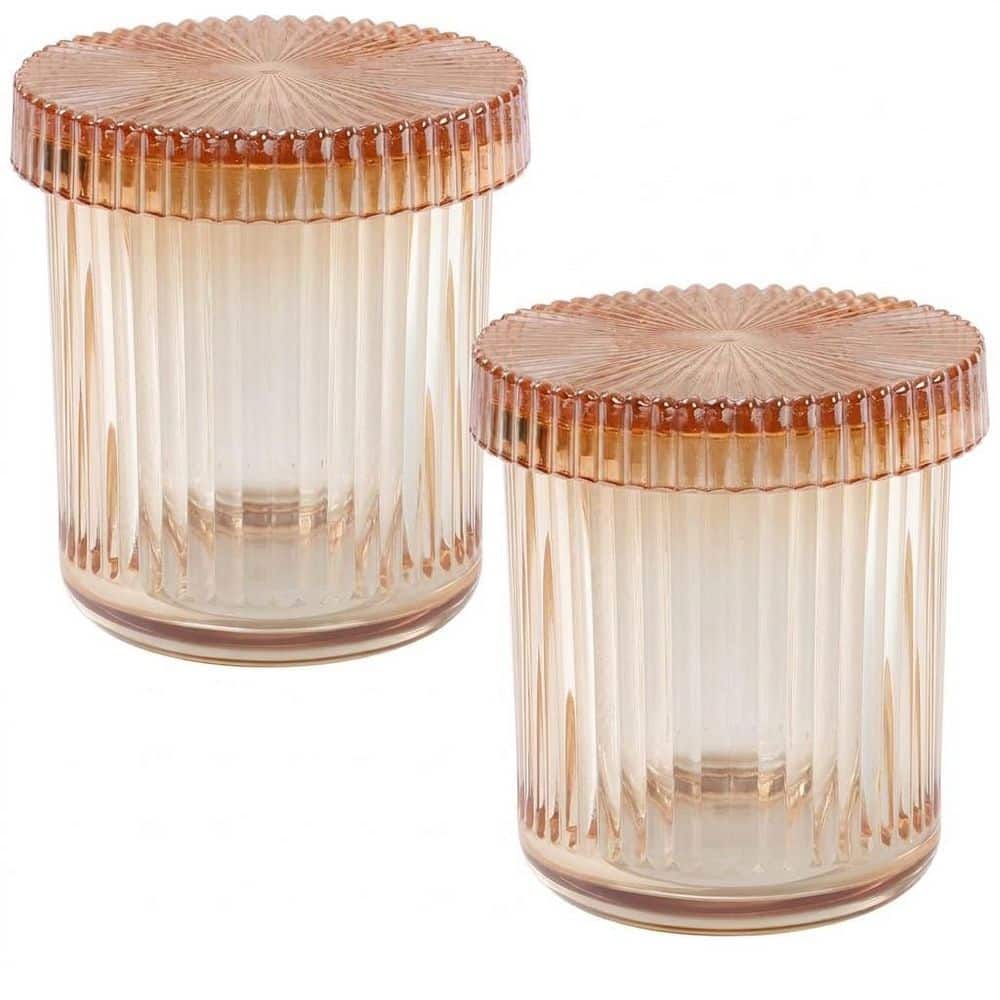 KHKFY Glass Bathroom Canister Storage Jars with Lids 10 oz. Clear Ribbed Vanity Organizer for Cotton Swabs Set (1)