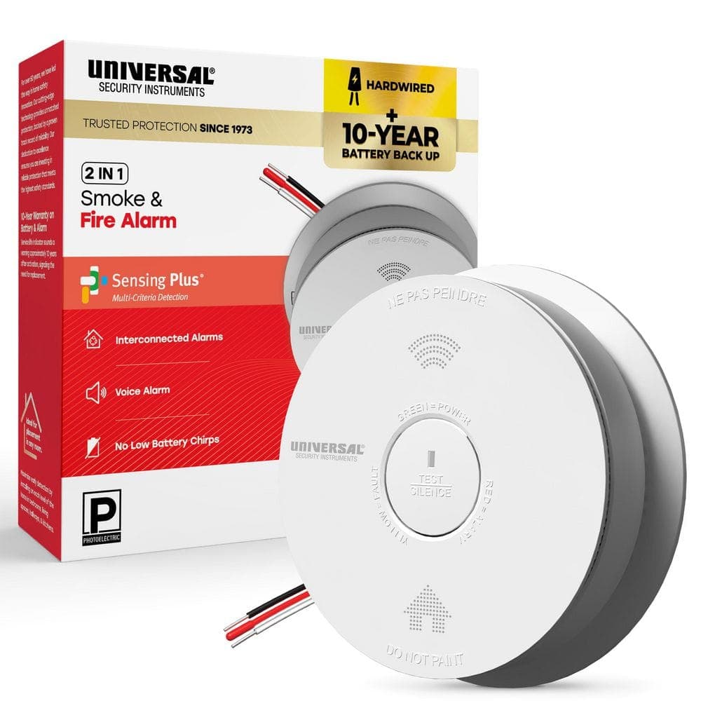 Universal Security Instruments Hardwired and 10-Year Battery Backup Smoke Detector with Photoelectric Sensor and Voice Alert