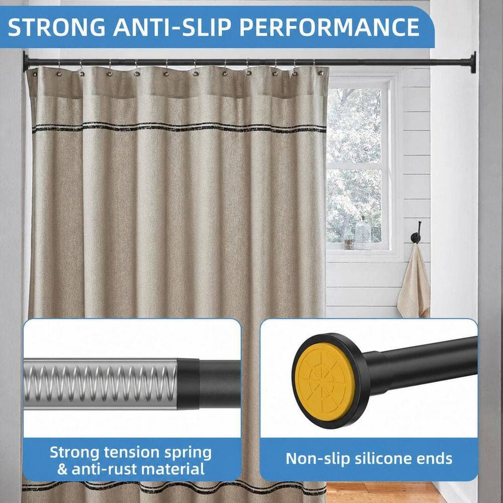 KHKFY Matte Black Adjustable Stainless Steel Shower Curtain Tension Rod, 1 Inch Diameter, 32 to 80 Inches, No Drilling (2)
