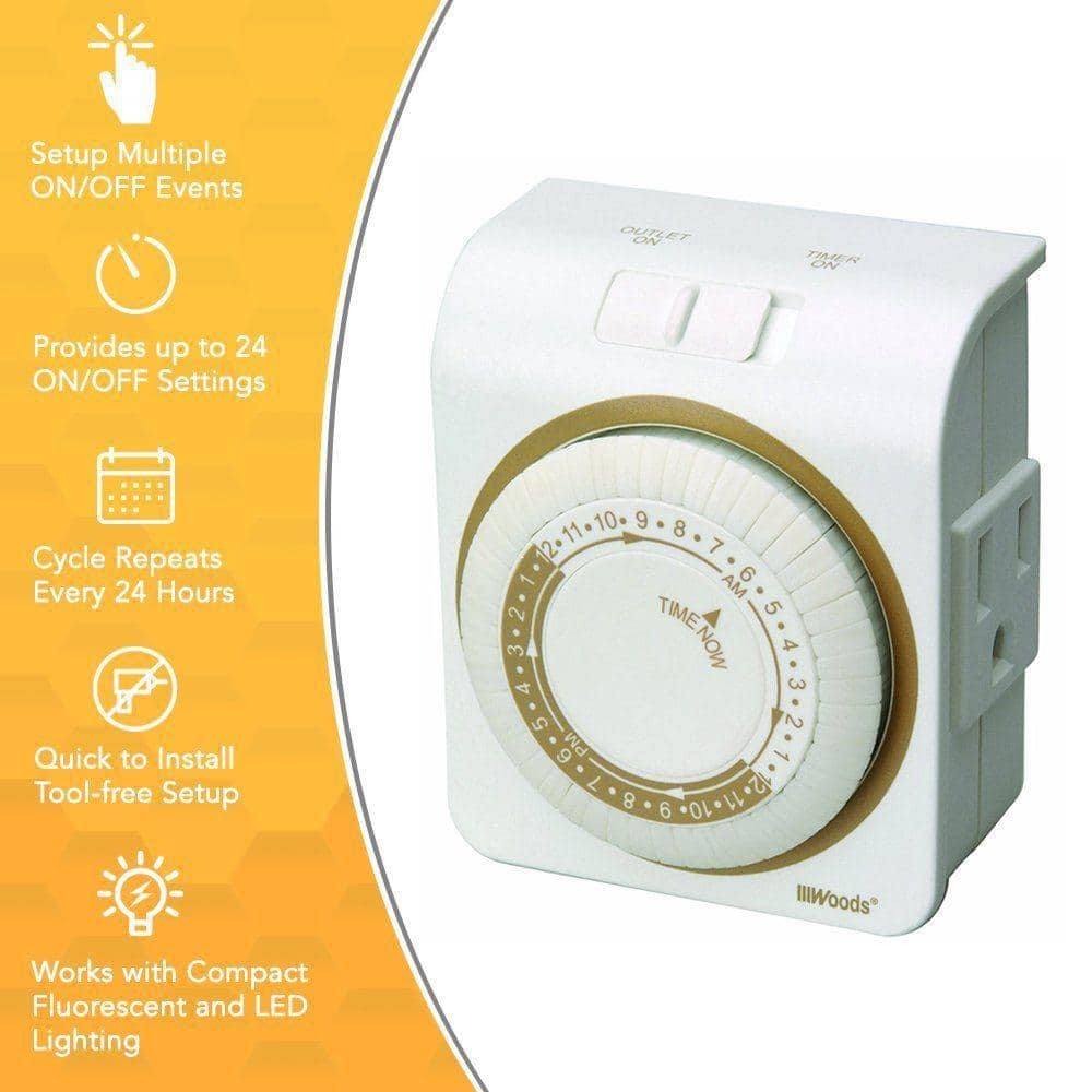 Woods 15-Amp 24-Hour Indoor Plug-In Lamp and Appliance Single-Outlet Mechanical Timer, White (2)