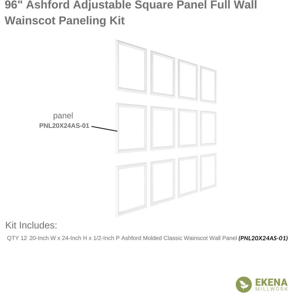 Ekena Millwork 94 1/2 in. (Adjustable 96 in. to 120 in.) 63 sq. ft. Polyurethane Ashford Square Full Wall Wainscot Kit Primed (2)