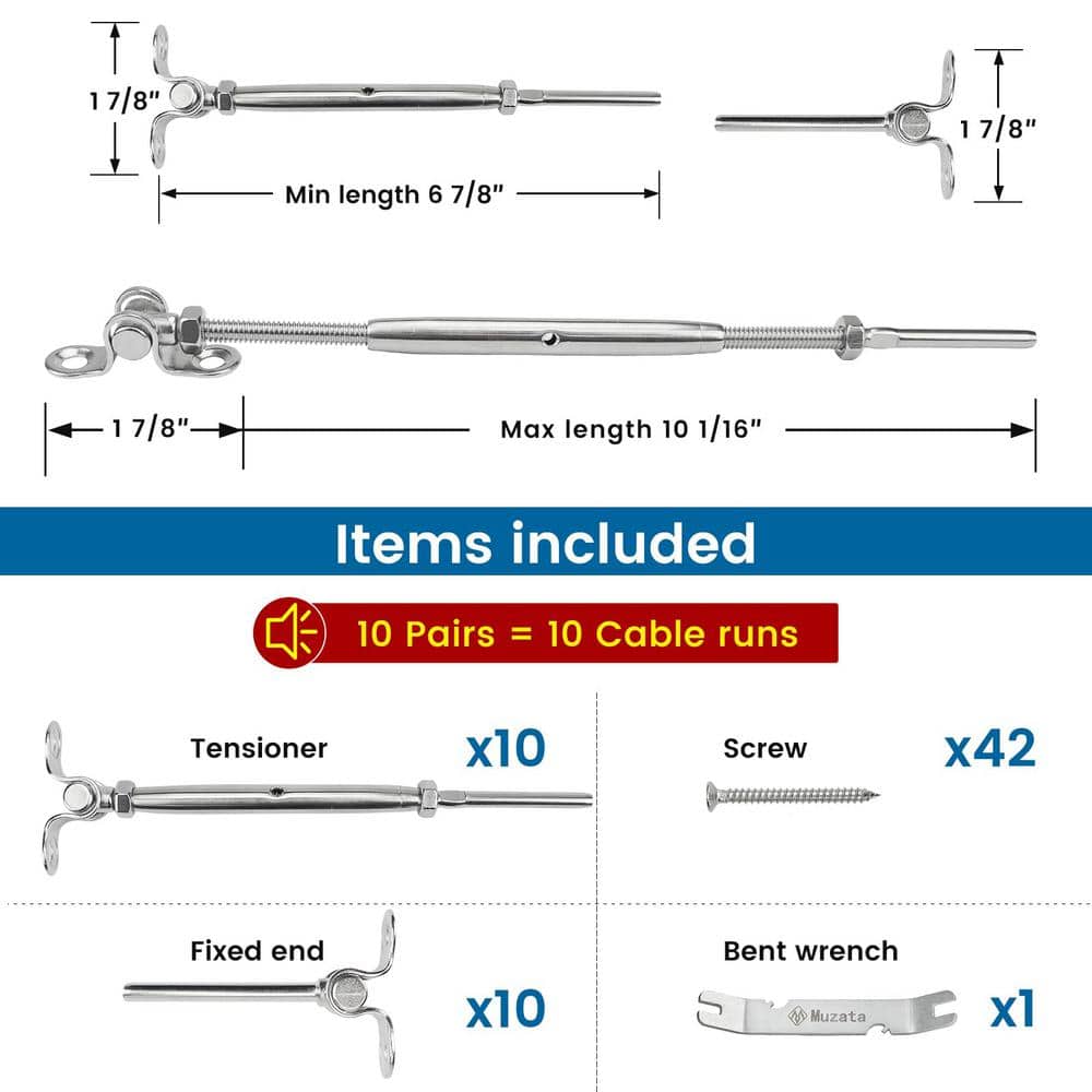 Angel Sar 10 Pairs 180° Adjustable Stainless Steel Cable Railing Kit, 1/8 in. Swage Toggle Turnbuckle Hardware (2)