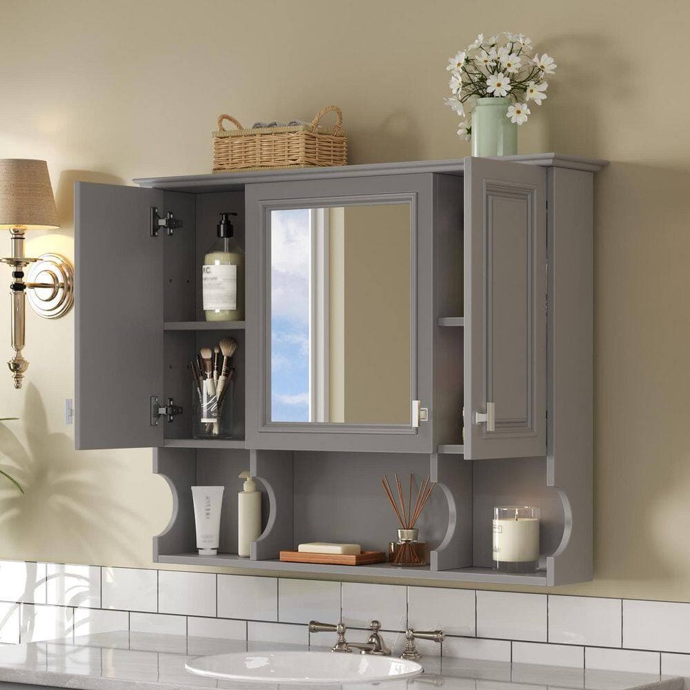 Tahanbath Classic 7.3 in. W x 35 in. D x 28.7 in. H Bathroom Storage Wall Cabinet in Gray with Open Shelves and Mirror (2)