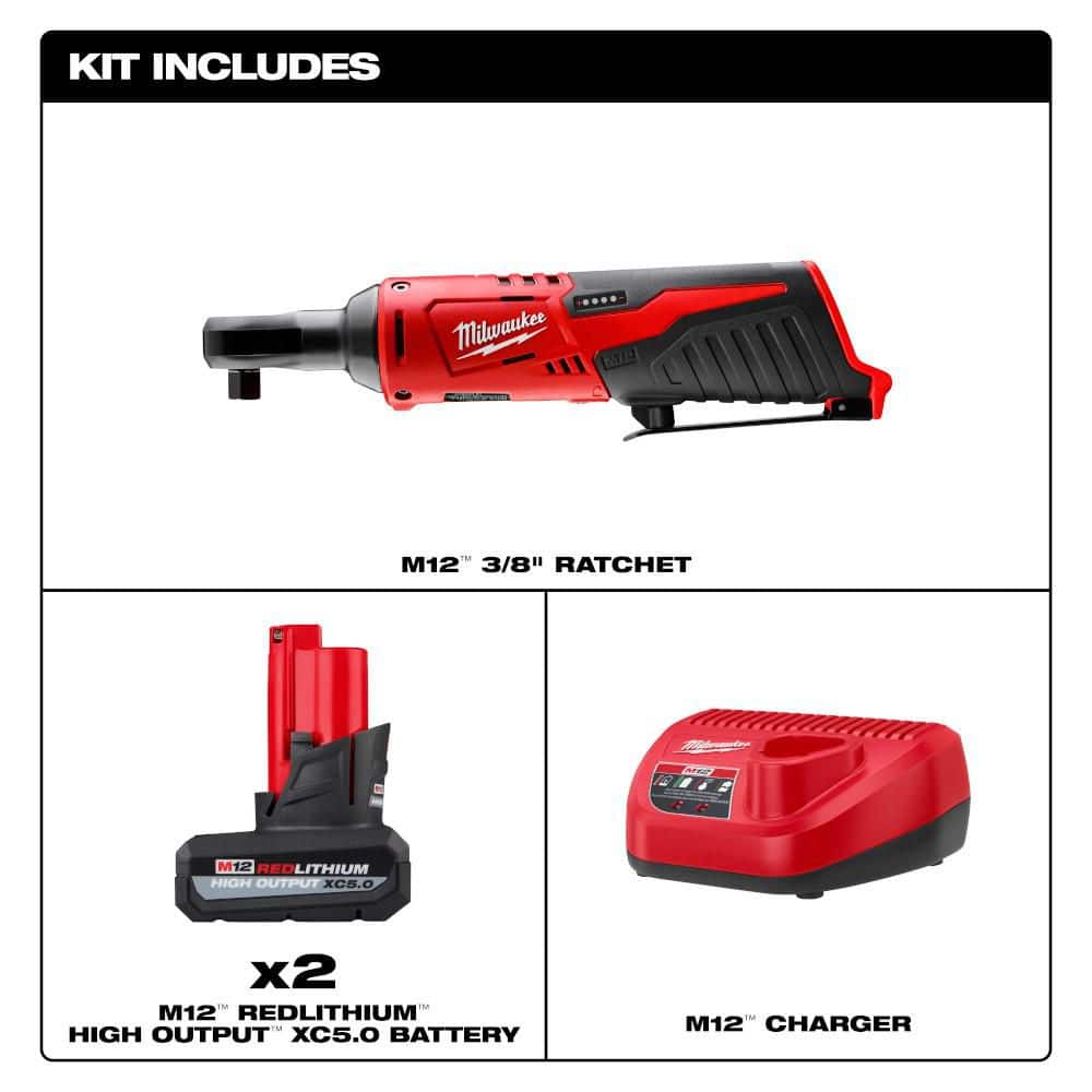 Milwaukee M12 12V Lithium-Ion 3/8 in. Cordless Ratchet with M12 5.0 Ah Battery (2-Pack) Starter Kit (2)