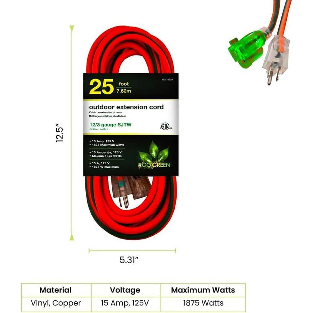 GoGreen Power 25 ft. 12/3 Indoor Heavy Duty Extension Cord Orange (2-Pack) (2)