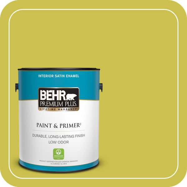BEHR PREMIUM PLUS 1 Gal. #P340-5A Cilantro Lime Satin Enamel Low Odor Interior Paint and Primer (2)
