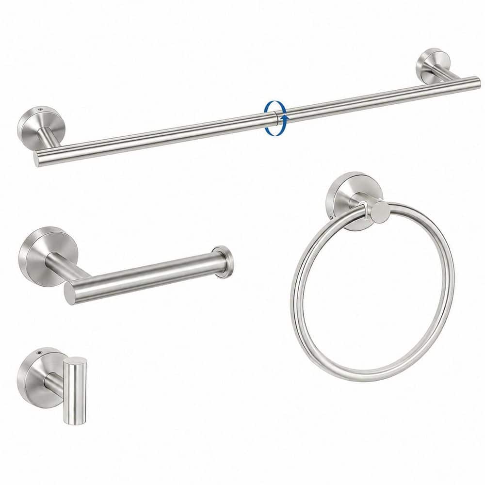 Anqtovp 4-Piece Bathroom Hardware Set with 24 in. Towel Bar, Towel Ring, Robe Hook, Toilet Paper Holder in Brushed Steel (1)