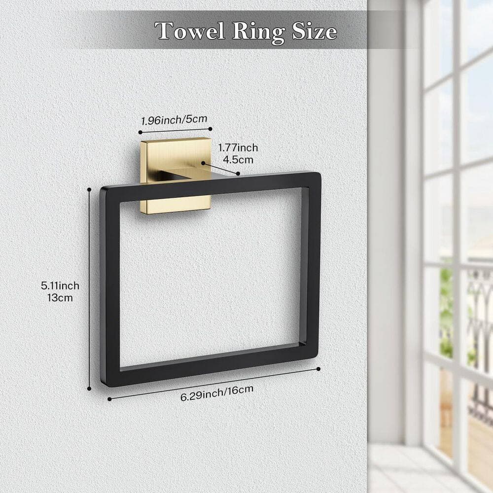 Wudkey 2 Pack Stainless Steel Wall Mounted Square Towel Ring for Bathroom in Black Gold (2)