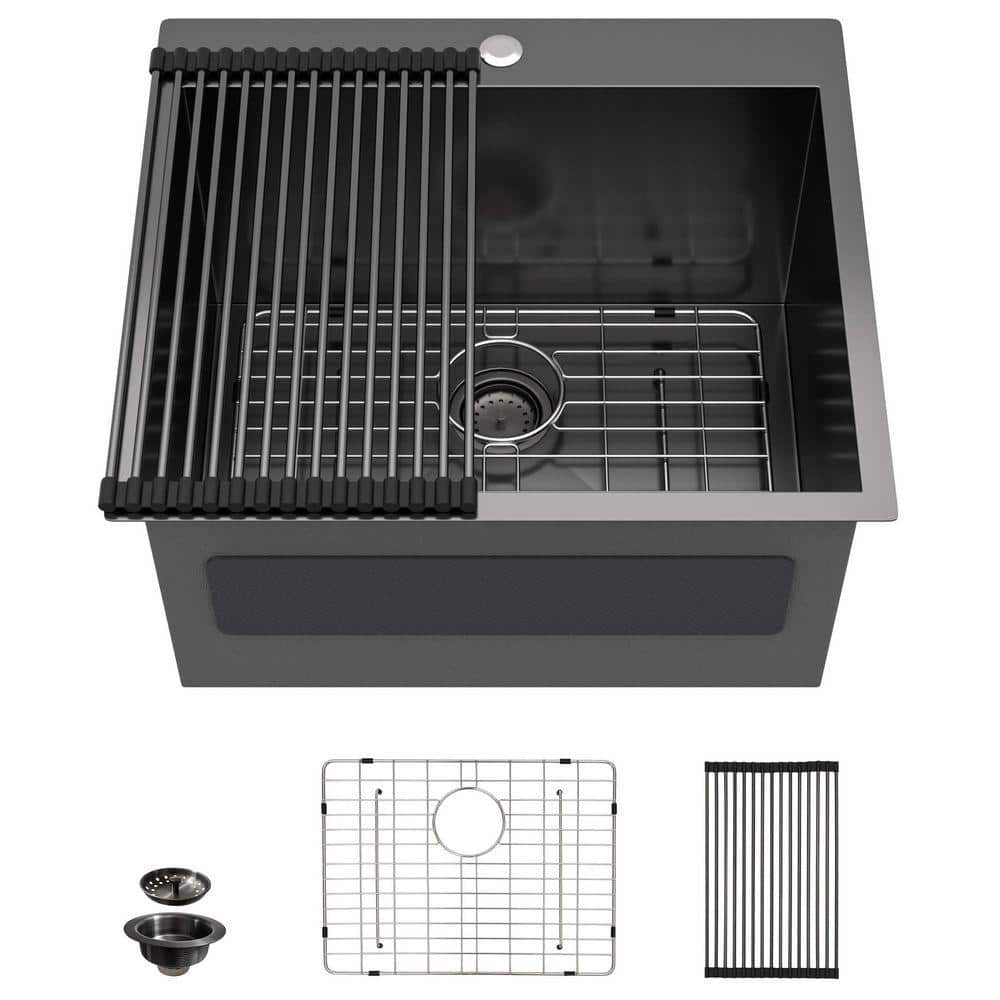 Fulorni 23 in. Stainless Steel Drop-In Laundry/Utility Sink Gunmetal Black, Single Bowl Topmount Tubs With Accessories (1)