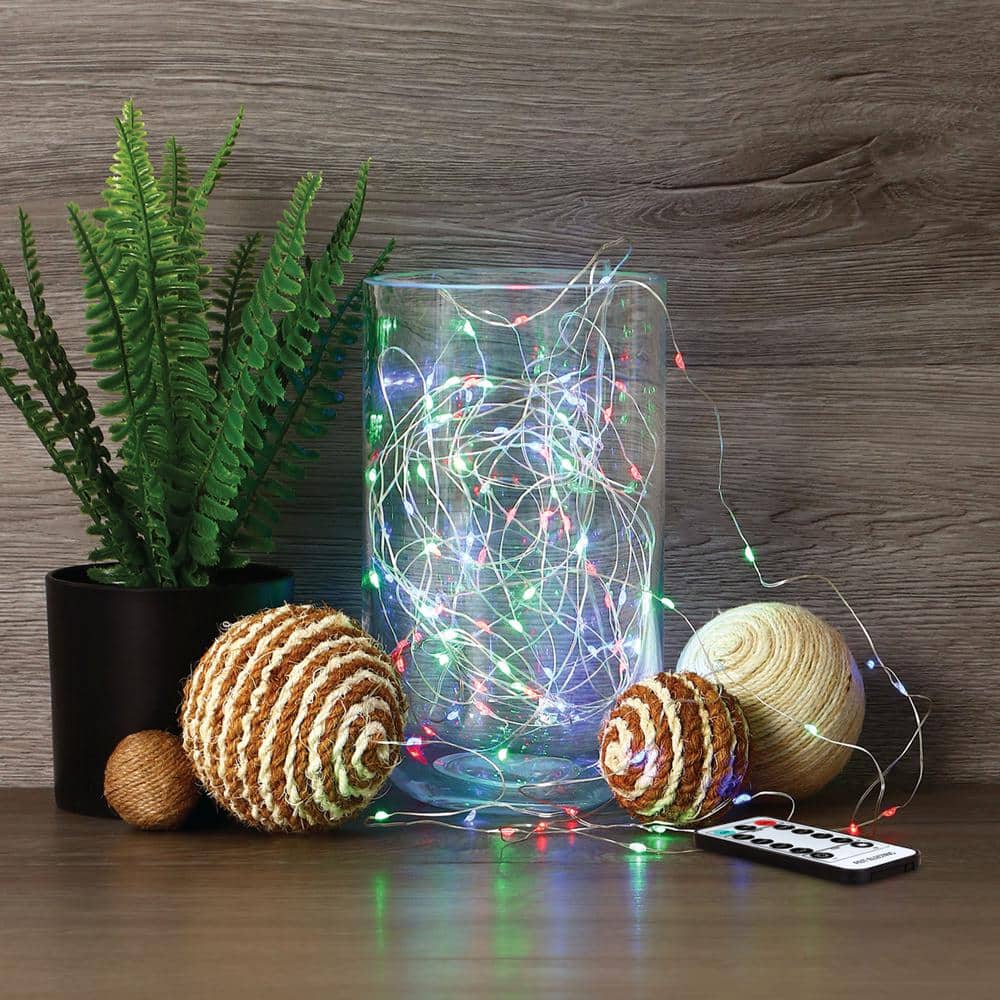 Feit Electric 100-Light 30 ft. USB or Battery Operated Mini LED Indoor Silver Wire Red/Green/Blue Fairy String Light with Remote (3)